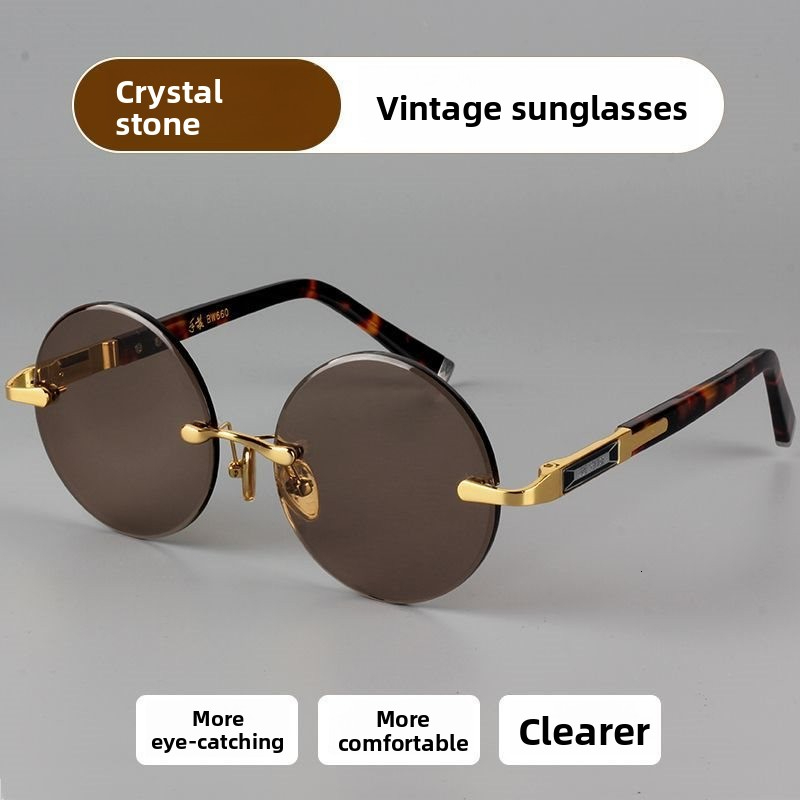 Retro Metal Frameless Designer Sunglasses Luxury Women's Dark Green Imitation Crystal Outdoor Glasses Trendy Brand Sun Protection Sports Cycling 