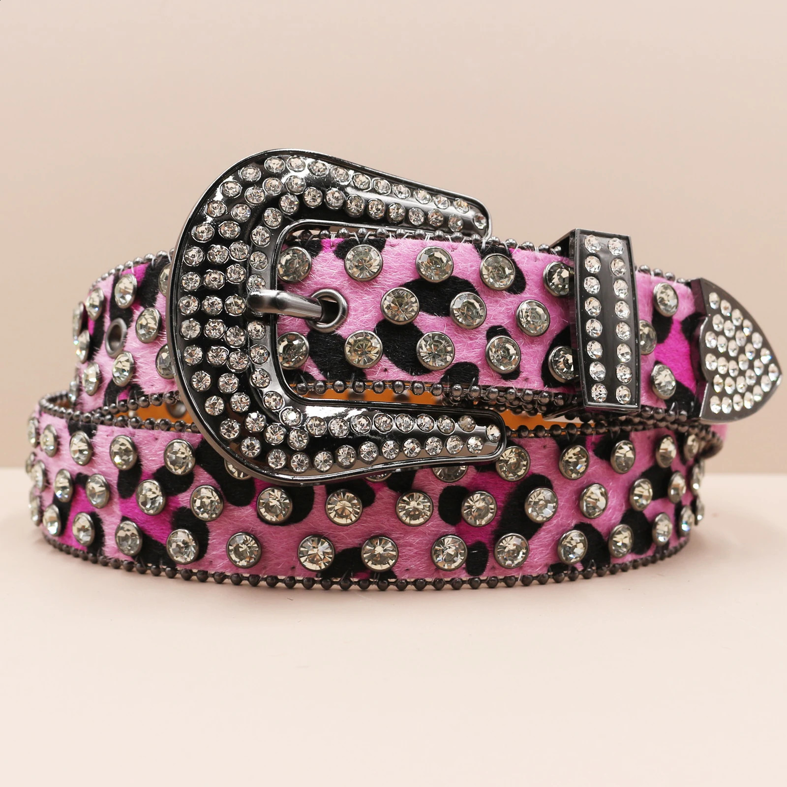 Pink unique leopard print woman rhinestones Western Belts Studded Mens Belts Fashion Diamond Globe Buckle Y2K belt for men 260605 - view 4