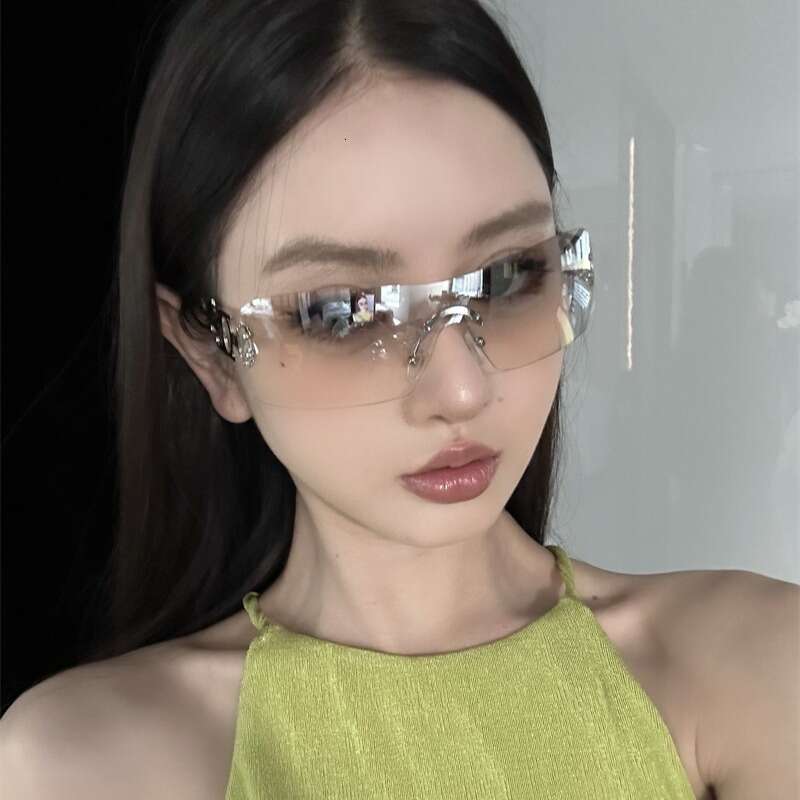Luxury Brand Designer Sunglasses Women Rimless Half Lens Sunglasses Silver Metal Temple With Flame Inlaid Rhinestone Hollow Geometric Decor Gradient H - view 4