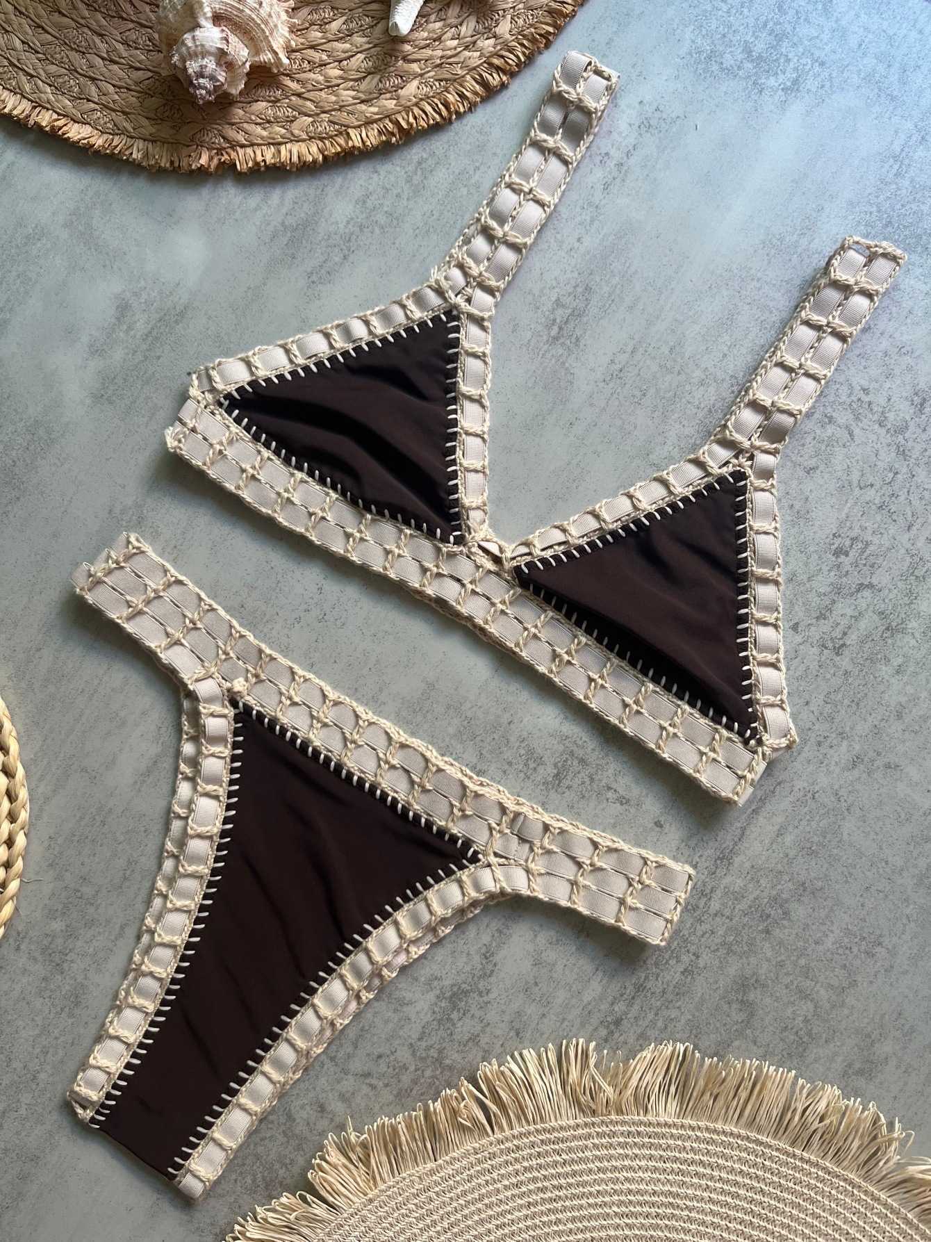 Women's hand-knitted solid-color swimsuit with colorful elastic straps and bikini beachwear set L260604 - view 5