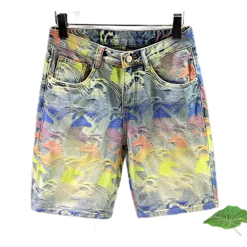 Summer New Luxury Designer Floral Denim Shorts For Men, Fashionable And Versatile Casual And Loose Jacquard Five Quarter Pants Suitable For Daily Trav - view 6