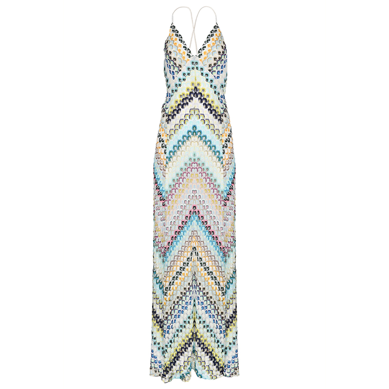 Multicolor Chevron Crochet Maxi Dress, Backless Spaghetti Strap Split Knit Long Beach Dress - view 9