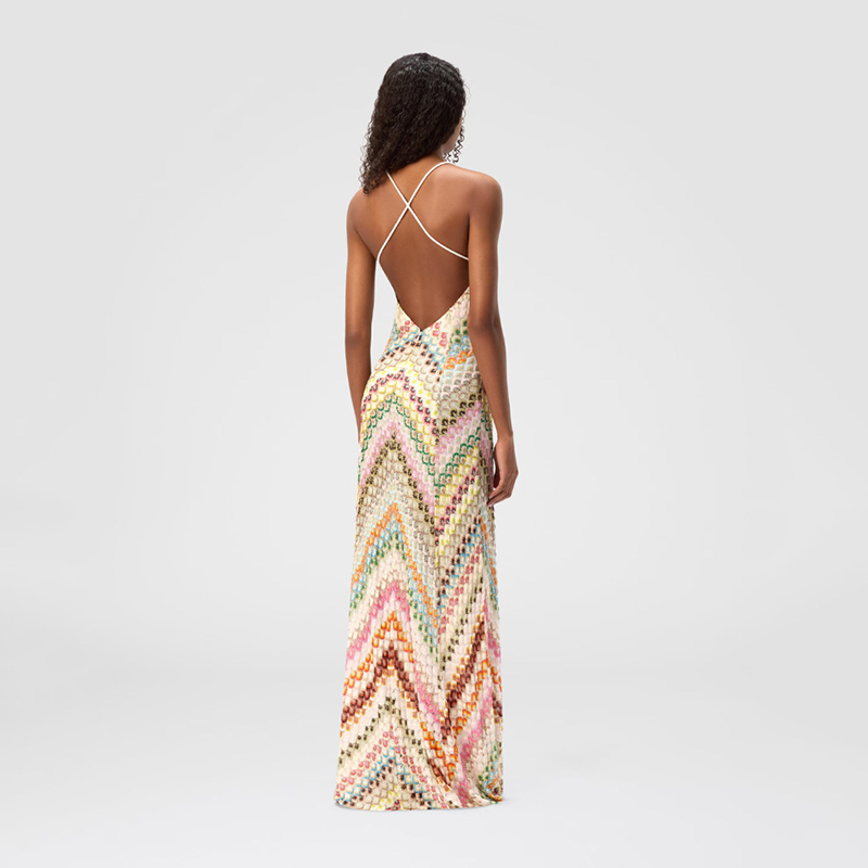 Multicolor Chevron Crochet Maxi Dress, Backless Spaghetti Strap Split Knit Long Beach Dress - view 3