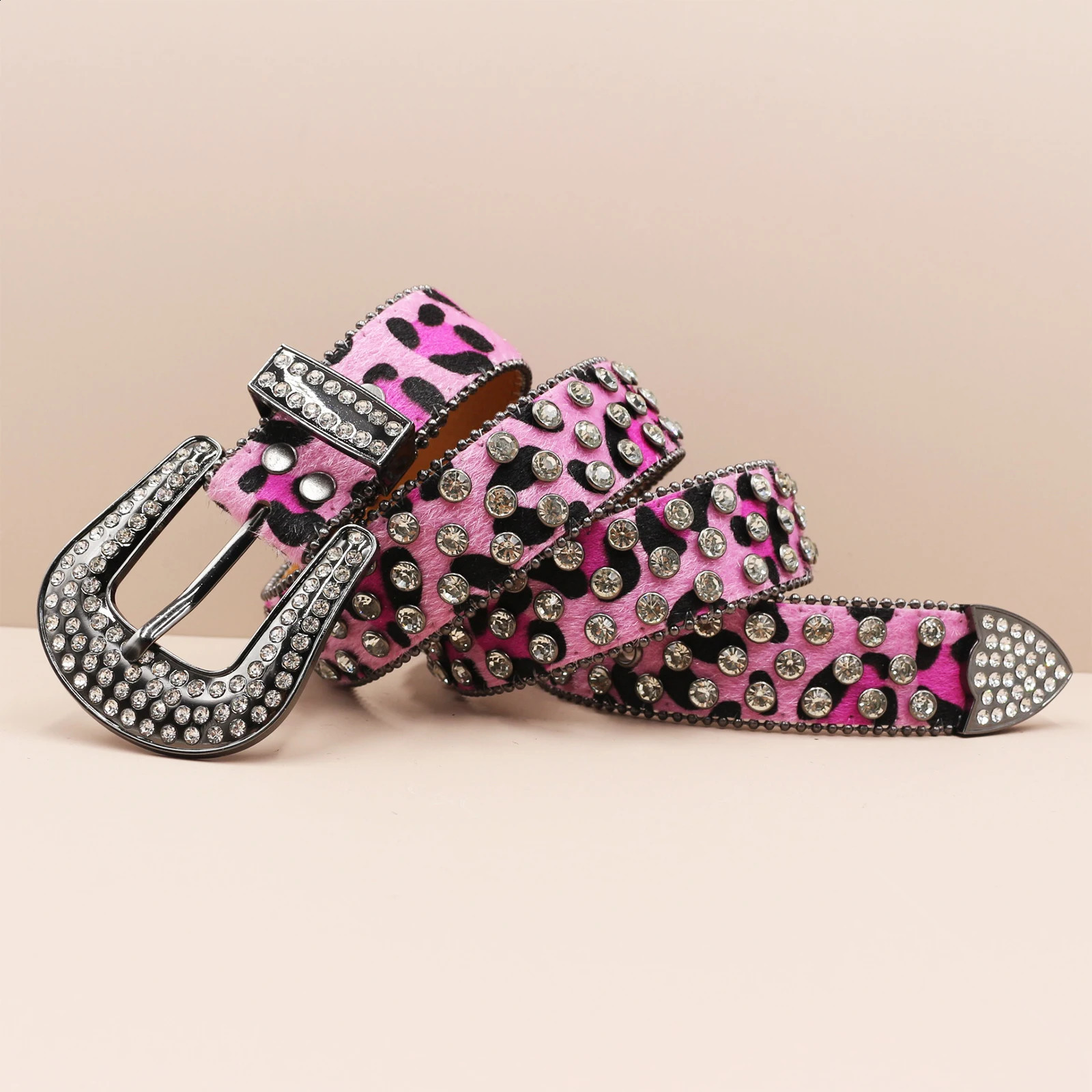 Pink unique leopard print woman rhinestones Western Belts Studded Mens Belts Fashion Diamond Globe Buckle Y2K belt for men 260605