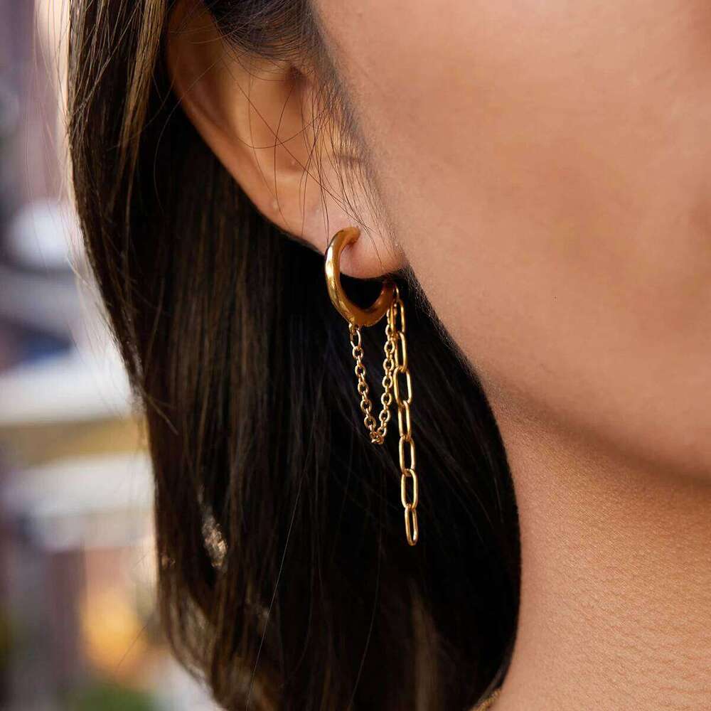Uworld Classic 18K Plated Gold Color Stainless Steel Hollow-Out Chain C-Ring Tassel Hoop Earrings Women Waterproof Jewelry