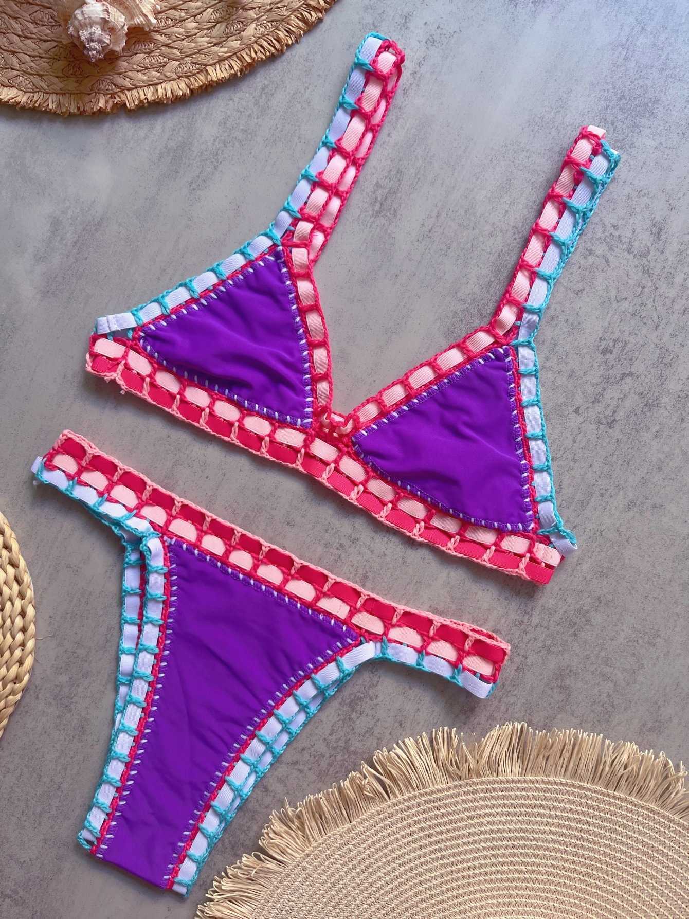 Women's hand-knitted solid-color swimsuit with colorful elastic straps and bikini beachwear set L260604 - view 7