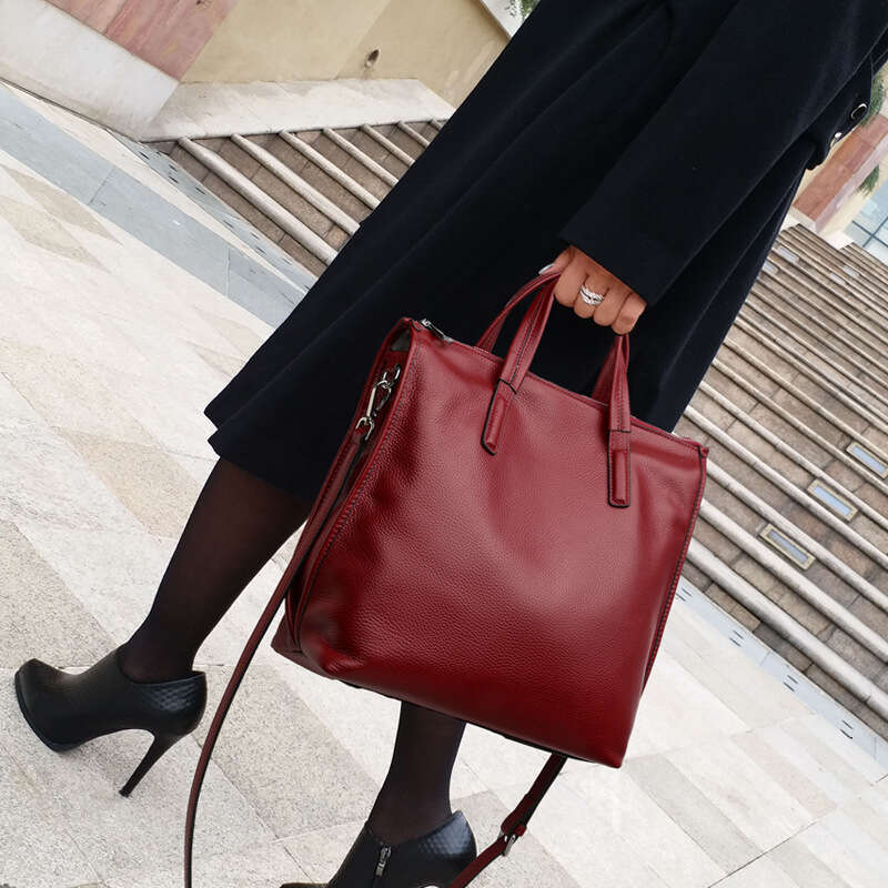 Women Genuine Leather Large Capacity Vintage Tote Bag Wine Red Shoulder Handbag For Commuting SENYY