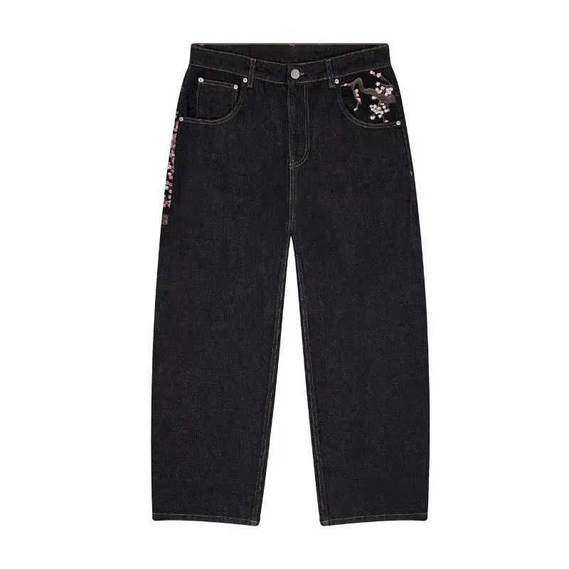 Mens Jeans Y2K Vintage Streetwear Light Blue Wide Leg Denim Pants Embroidery Knight Sakura Flower Washed Loose Fit Retro StyleT260606 - view 6
