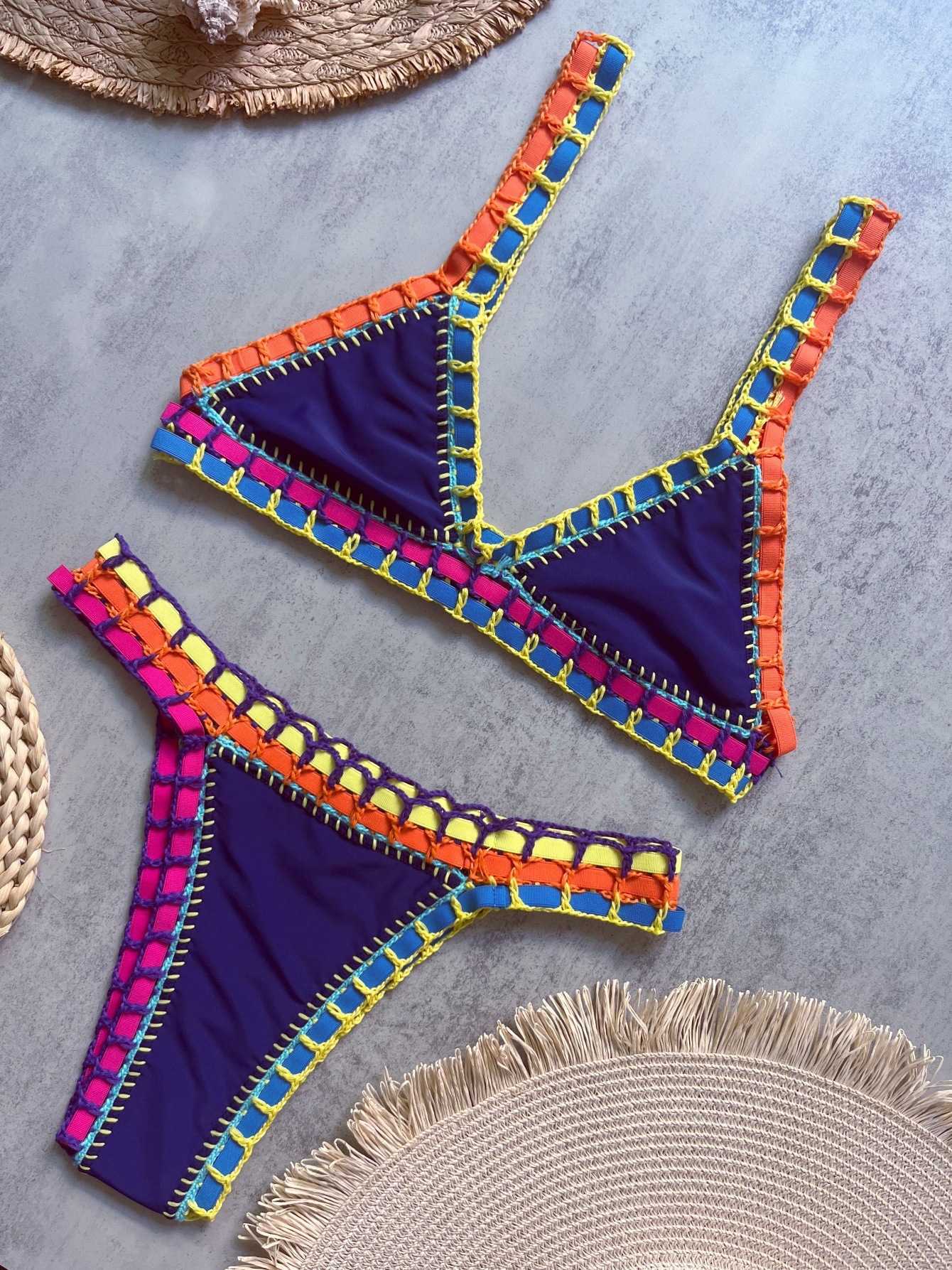 Women's hand-knitted solid-color swimsuit with colorful elastic straps and bikini beachwear set L260604 - view 4