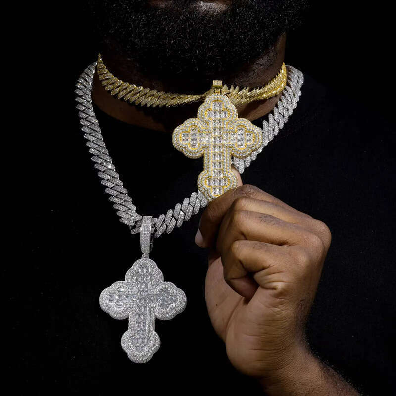 Drop Shipping Hip Hop Men Gift Jewelry 925 Sterling Silver Baguette Moissanite Diamond Religions Iris Cross Pendant