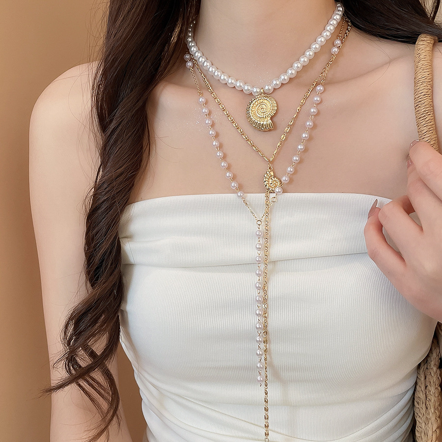 Beach vacation style conch pendant pearl multi-layer beaded necklace French collarbone chain light luxury niche design choker - view 3