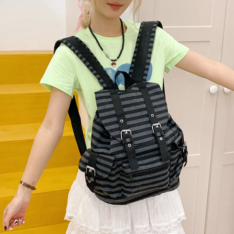 Retro Y2k Casual Striped College Backpack Korean Style School Bag Large Capacity Versatile Bookbags Leisure Kpop Girl y260615 - view 5