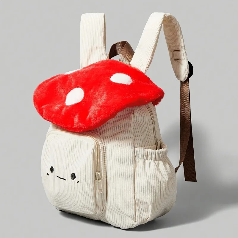 Womens Kawaii Plush Mushroom Backpack Cute Tote Bag with Adjustable Straps Zipper Clre Corduroy RedWhite Student Backpacks y260615 - view 5