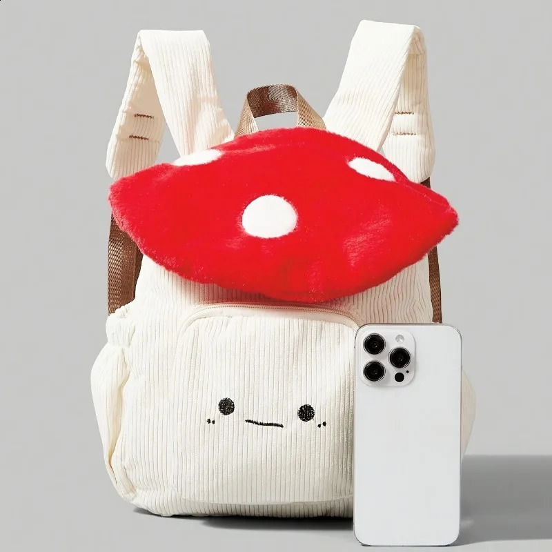 Womens Kawaii Plush Mushroom Backpack Cute Tote Bag with Adjustable Straps Zipper Clre Corduroy RedWhite Student Backpacks y260615 - view 4