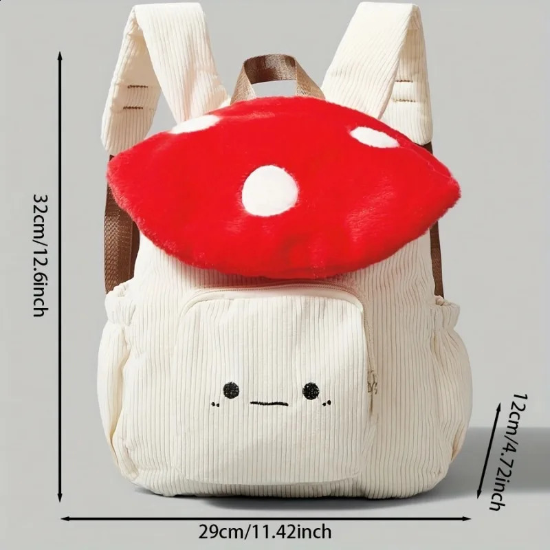 Womens Kawaii Plush Mushroom Backpack Cute Tote Bag with Adjustable Straps Zipper Clre Corduroy RedWhite Student Backpacks y260615 - view 3
