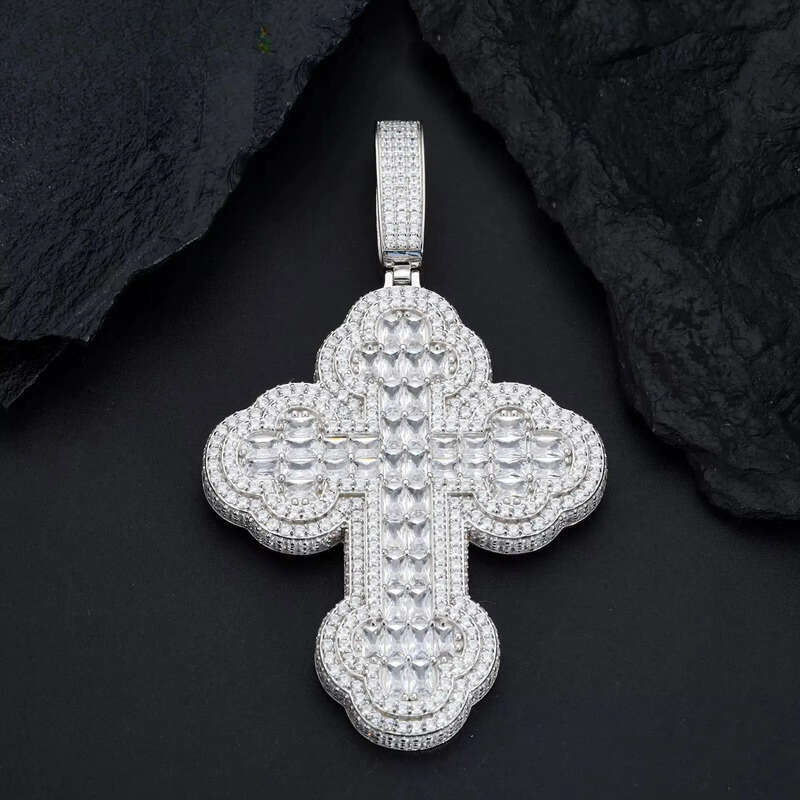 Drop Shipping Hip Hop Men Gift Jewelry 925 Sterling Silver Baguette Moissanite Diamond Religions Iris Cross Pendant