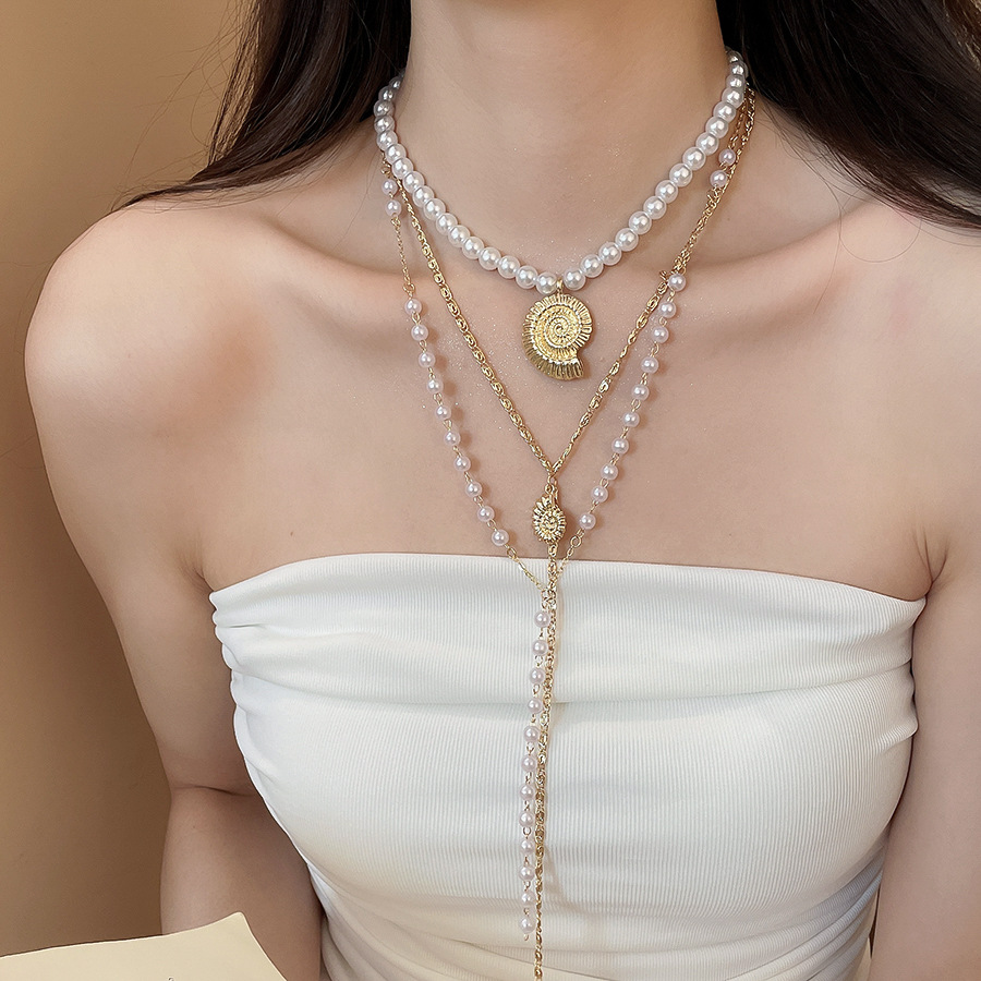 Beach vacation style conch pendant pearl multi-layer beaded necklace French collarbone chain light luxury niche design choker - view 4