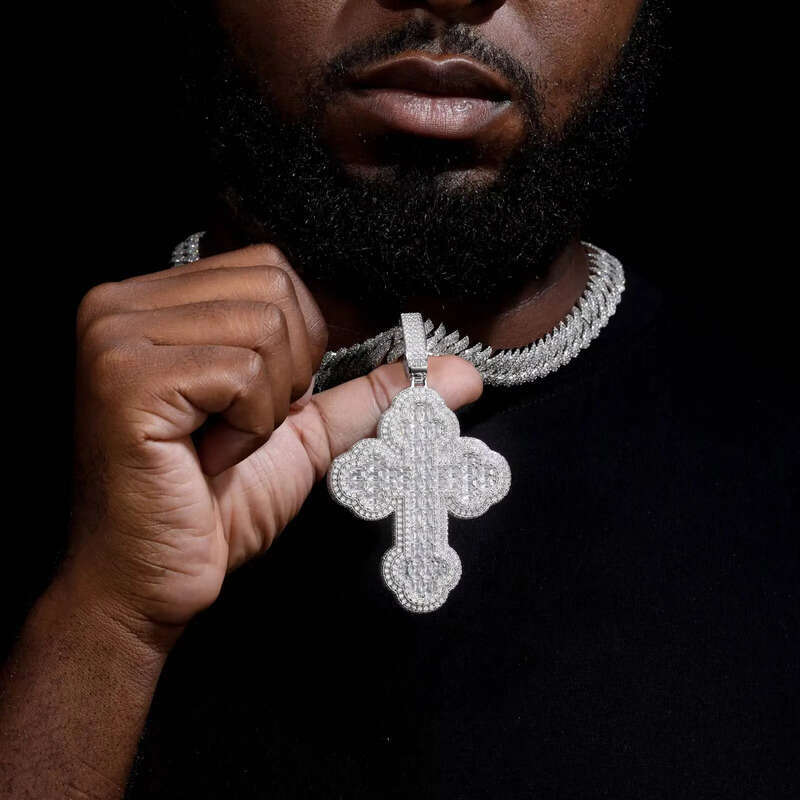 Drop Shipping Hip Hop Men Gift Jewelry 925 Sterling Silver Baguette Moissanite Diamond Religions Iris Cross Pendant