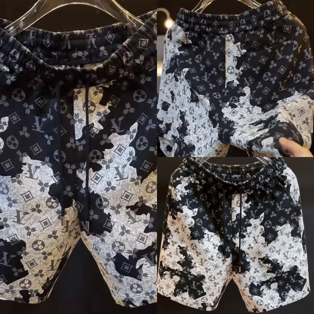 Luxury Brand Designer Mens Shorts Summer Print Pattern Casual Loose Fit Straight Leg Drawstring Beach Trunks Streetwear Fashion Black Gray Knee Length