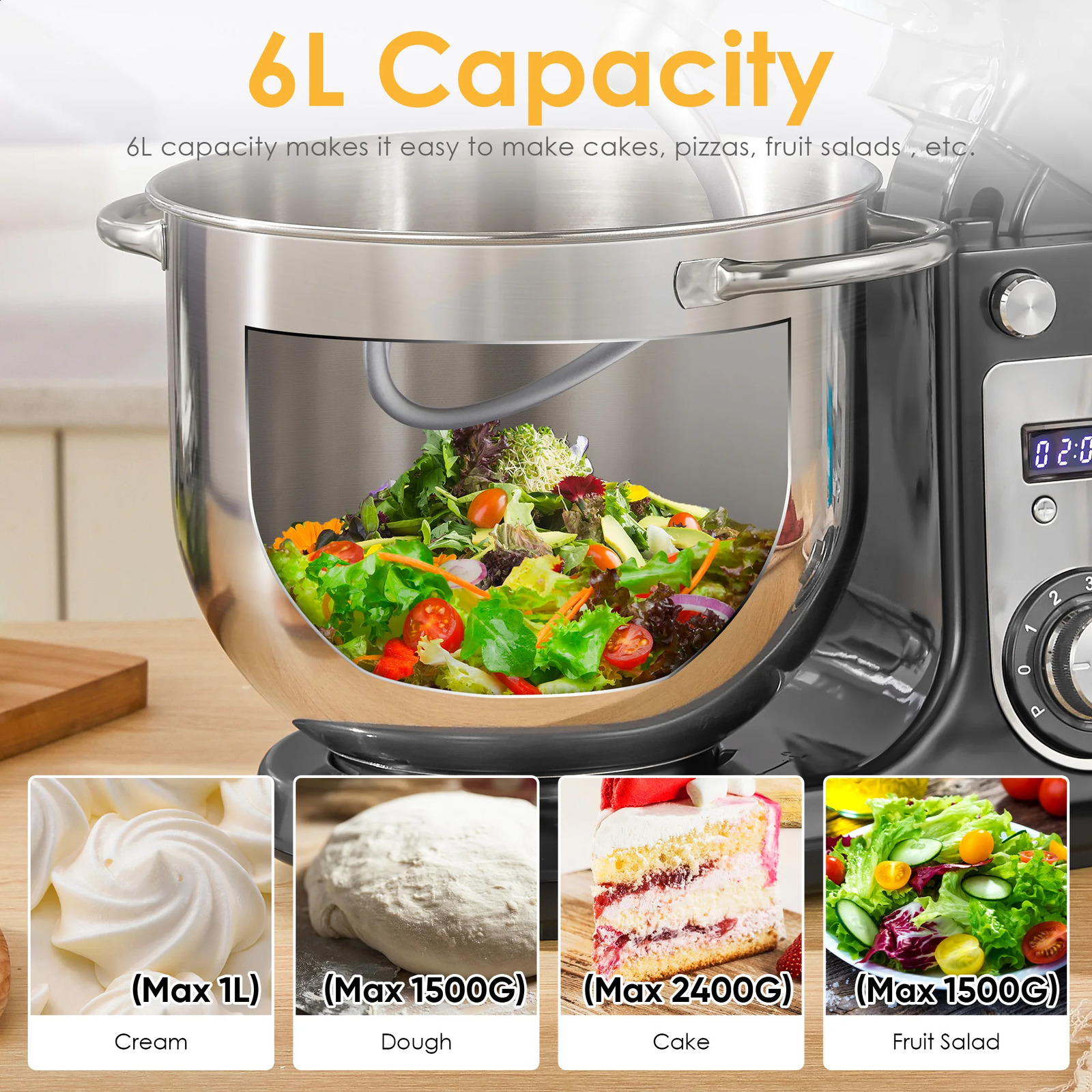 BioloMix Kitchen Food Stand Mixer Blender Quiet Motor Cream Egg Whisk Whip Dough Kneader 6Speed 1200 W 6 L DC w260605 - view 6