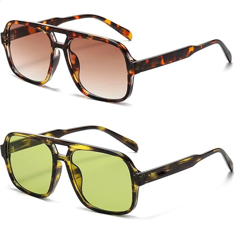 Fashion Double Bridges Square Rivet Sunglasses Retro Men Gradient Tea Shades UV400 Green Leopard Sun Glasses 260604