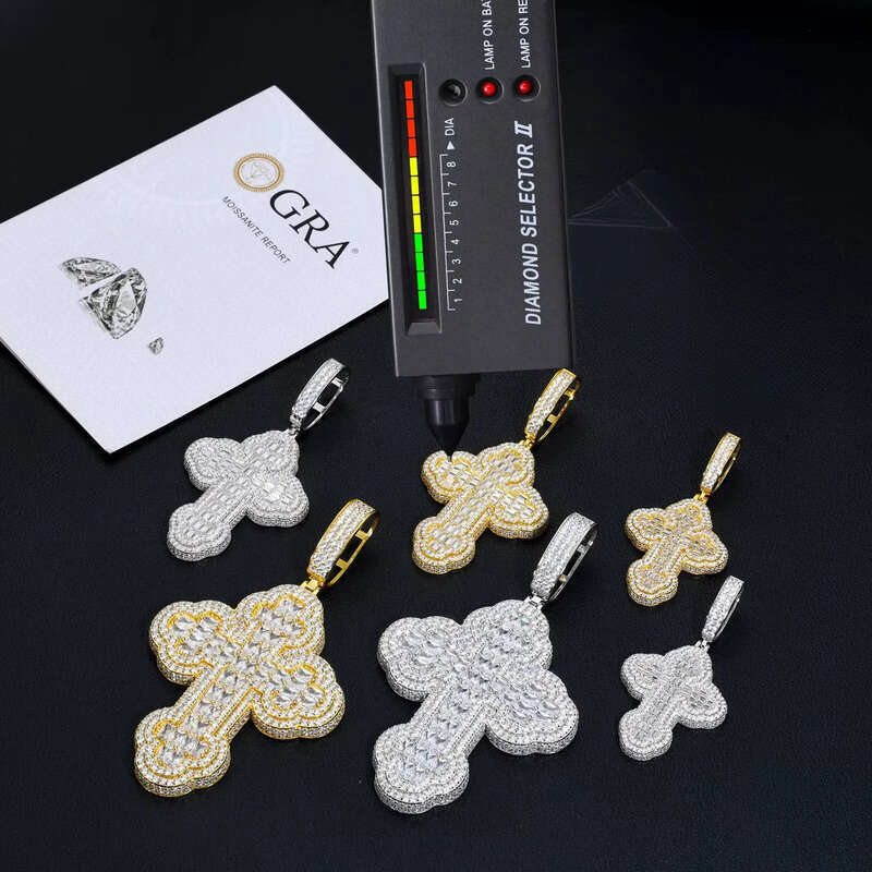 Drop Shipping Hip Hop Men Gift Jewelry 925 Sterling Silver Baguette Moissanite Diamond Religions Iris Cross Pendant