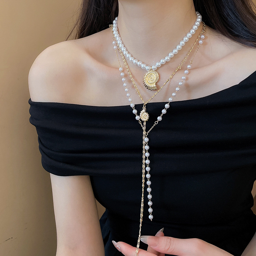 Beach vacation style conch pendant pearl multi-layer beaded necklace French collarbone chain light luxury niche design choker - view 5