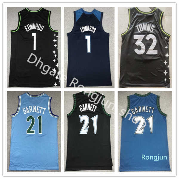 Top Quality Mens Retro Kevin 21 Garnett Jersey Black White Blue Karl-Anthony 32 Towns Anthony 1 Edwards Basketball Jerseys