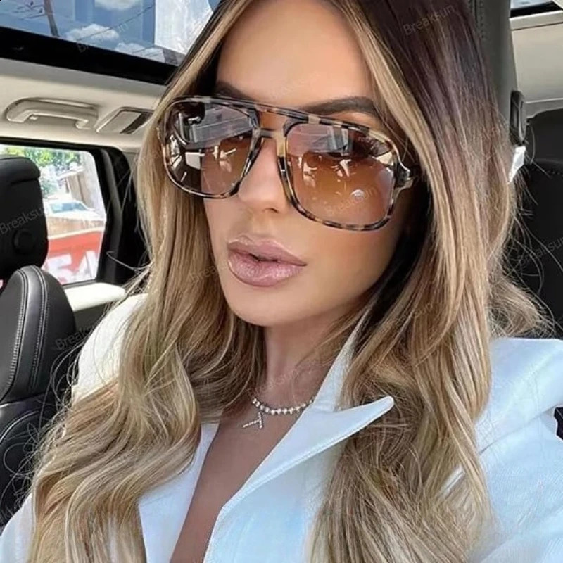 Fashion Double Bridges Square Rivet Sunglasses Retro Men Gradient Tea Shades UV400 Green Leopard Sun Glasses 260604 - view 5