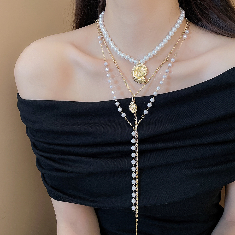 Beach vacation style conch pendant pearl multi-layer beaded necklace French collarbone chain light luxury niche design choker - view 6