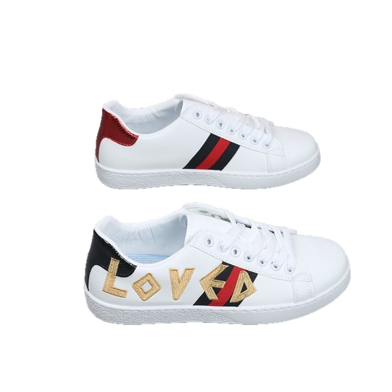 Designer Luxury Web Stripe White Casual Shoes Men LOVED Letter Embroidery Contrast Glossy Heel Anti Slip Rubber Sole Daily Footwear
