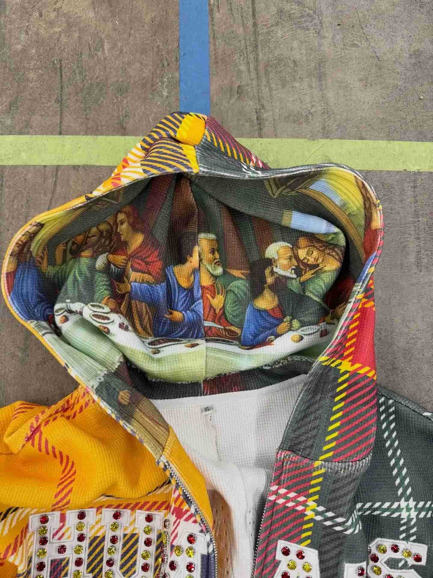 Hoodie New Contrasting Color Splicing Plaid Sportswear Harajuku Embroidery Hot Diamond Design Sweatshirt Lettering Loose Jacket X260608 - view 4