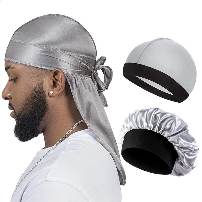 3PCSLOT Men Silky Durag Long Tail Pirate Hat Headband Turban Dome Wave Cap Unisex Wig Elastic Band Satin Bonnet 260616 - view 7