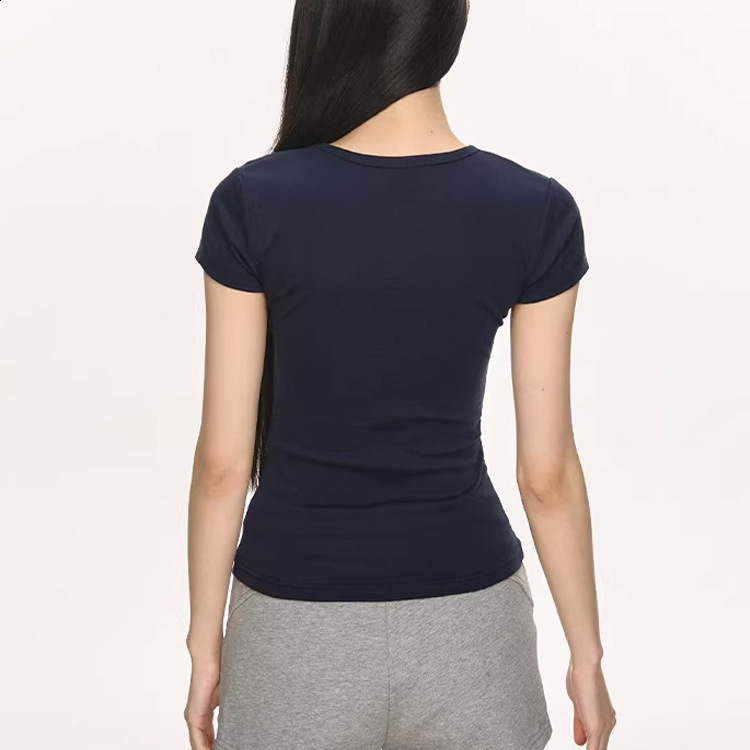 Navy blue round-neck regular-shoulder short-sleeve T-shirt for women summer 2026 style simple and versatile slim-fit flattering trendy top 240812
