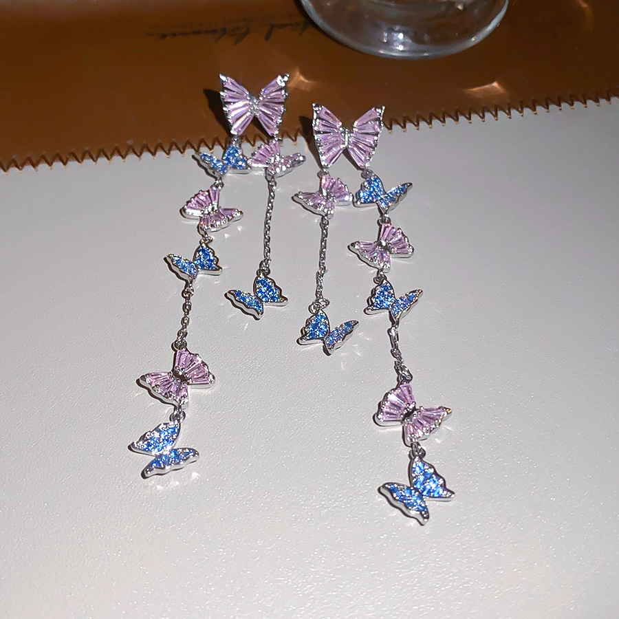 Silver needle zircon butterfly tassel pendant fresh and sweet earrings, unique design niche earrings for women - view 6