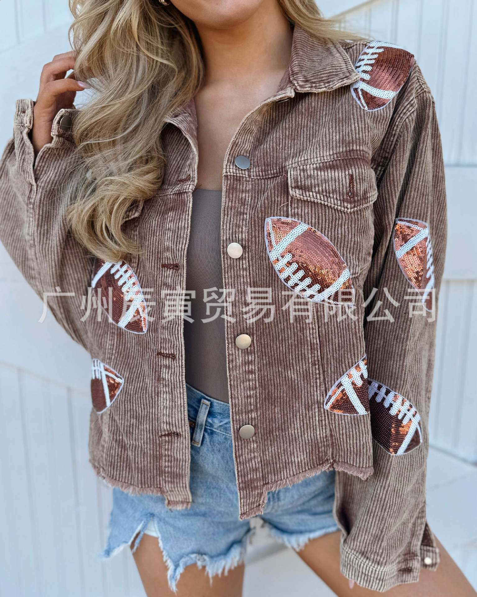 Distressed Corduroy Jacket Womens Baseball Sequin Lapel Long Sleeve Autumn And Winter Jacket Tops For Outerwear 240723