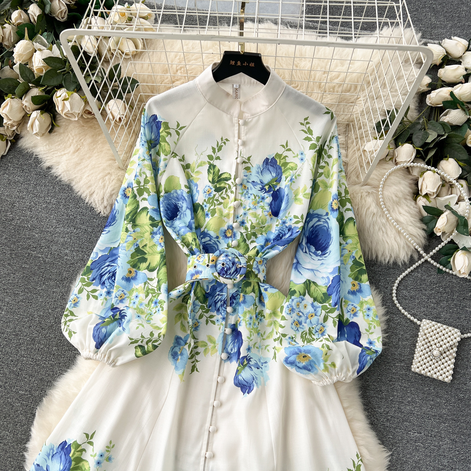 Summer Holiday Runway Mini Dress Women V-Neck Long Lantern Sleeve Flower Print Single Breasted Linen Slim Beach Vestidos 6233 240810