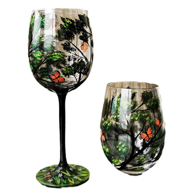 Update Four Seasons Trees Glasses Creative Printed High Legged For Wine Beer Cocktail Large Capacity Glass Cup Set 240729