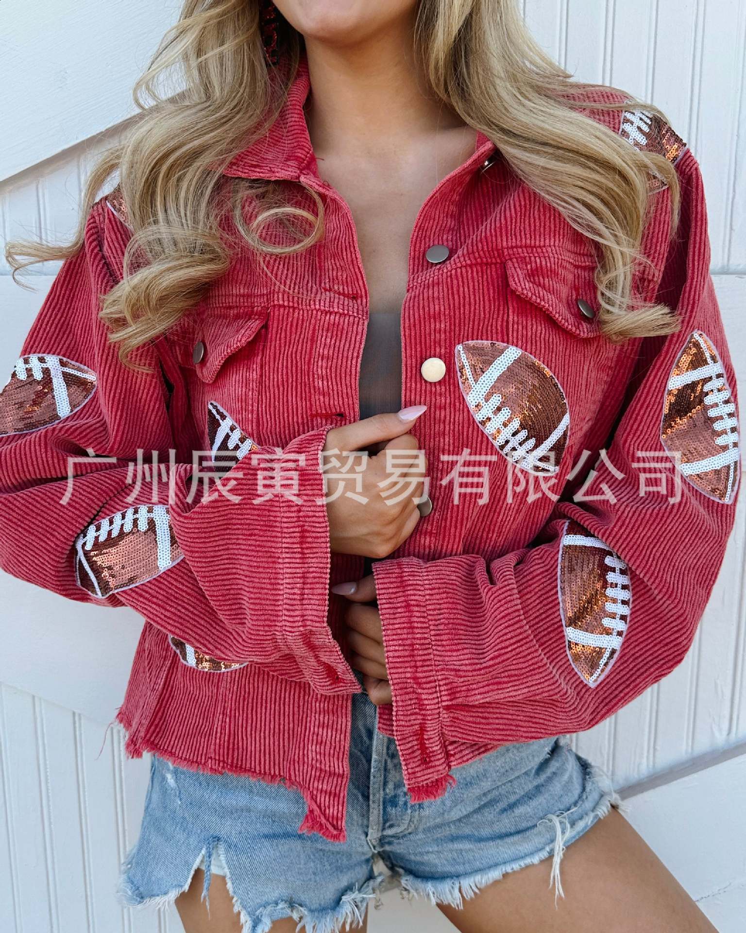 Distressed Corduroy Jacket Womens Baseball Sequin Lapel Long Sleeve Autumn And Winter Jacket Tops For Outerwear 240723