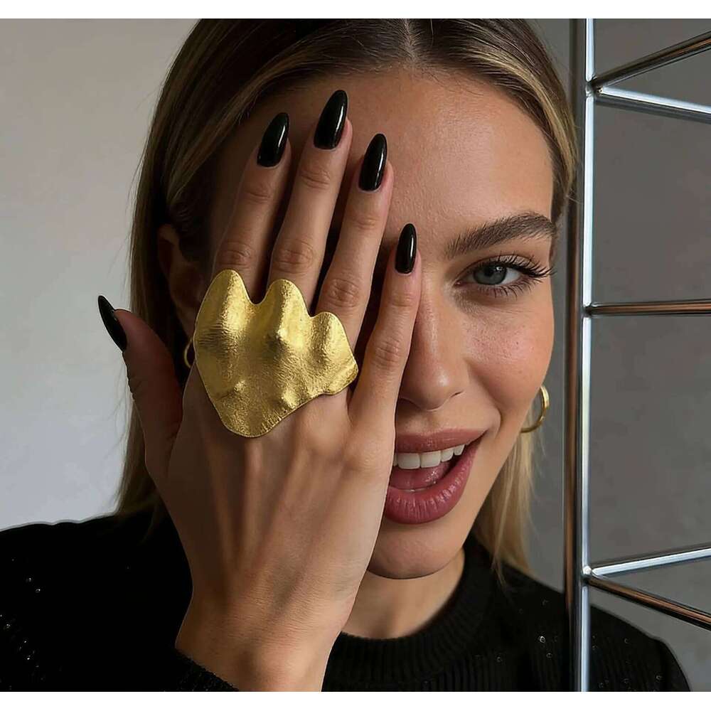 Unique Irregular Shape Pleated Gold Color Ring for Women Men Exaggeration Metal Wrinkle Joint Rings Hip-Hop Party Jewelry - view 5