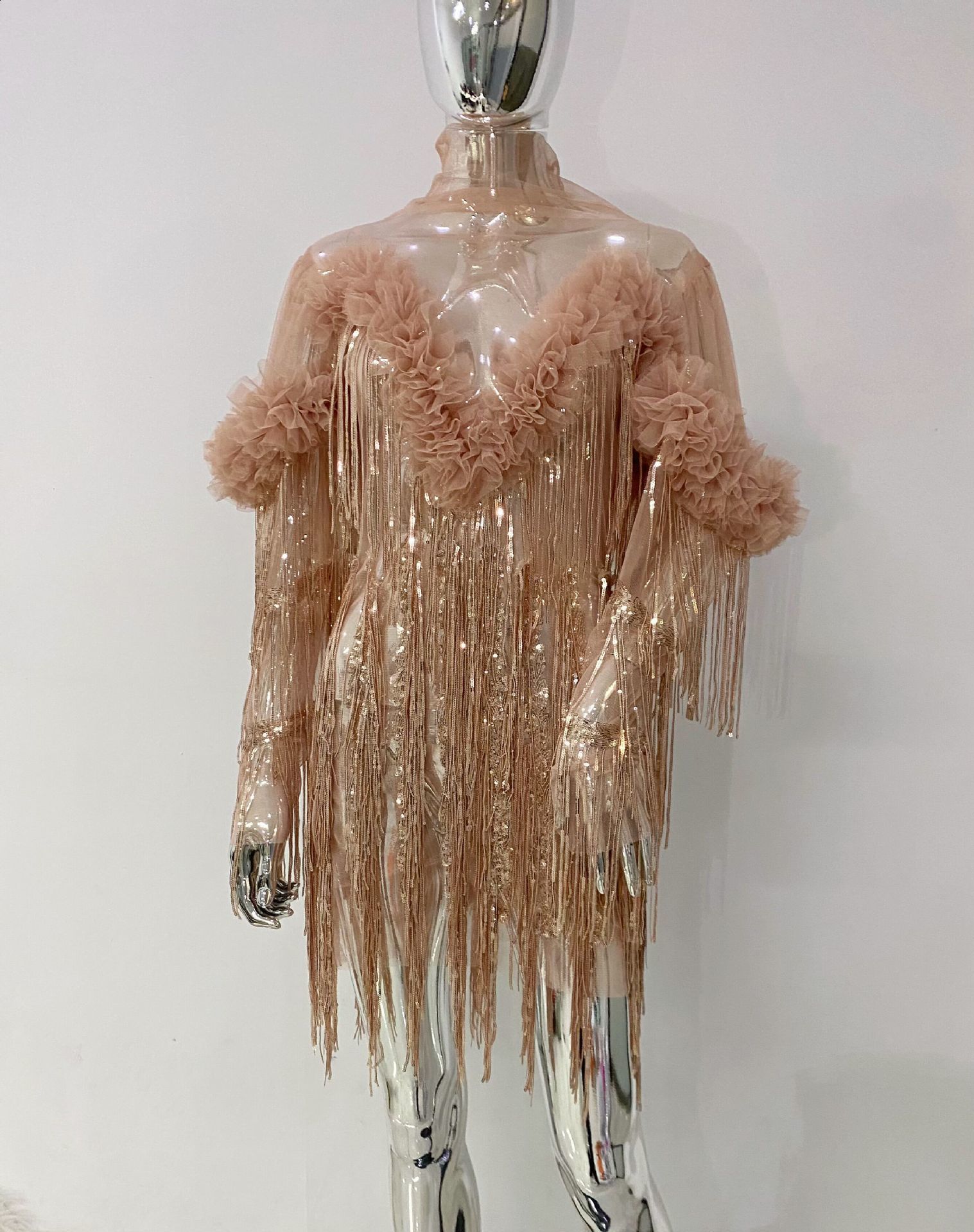CM.YAYA Women Full Sleeve Sequined Tassel Ruffles Mini Dress Mesh See Through Sexy Evening Night Club Party Dresses Vestidos 240930