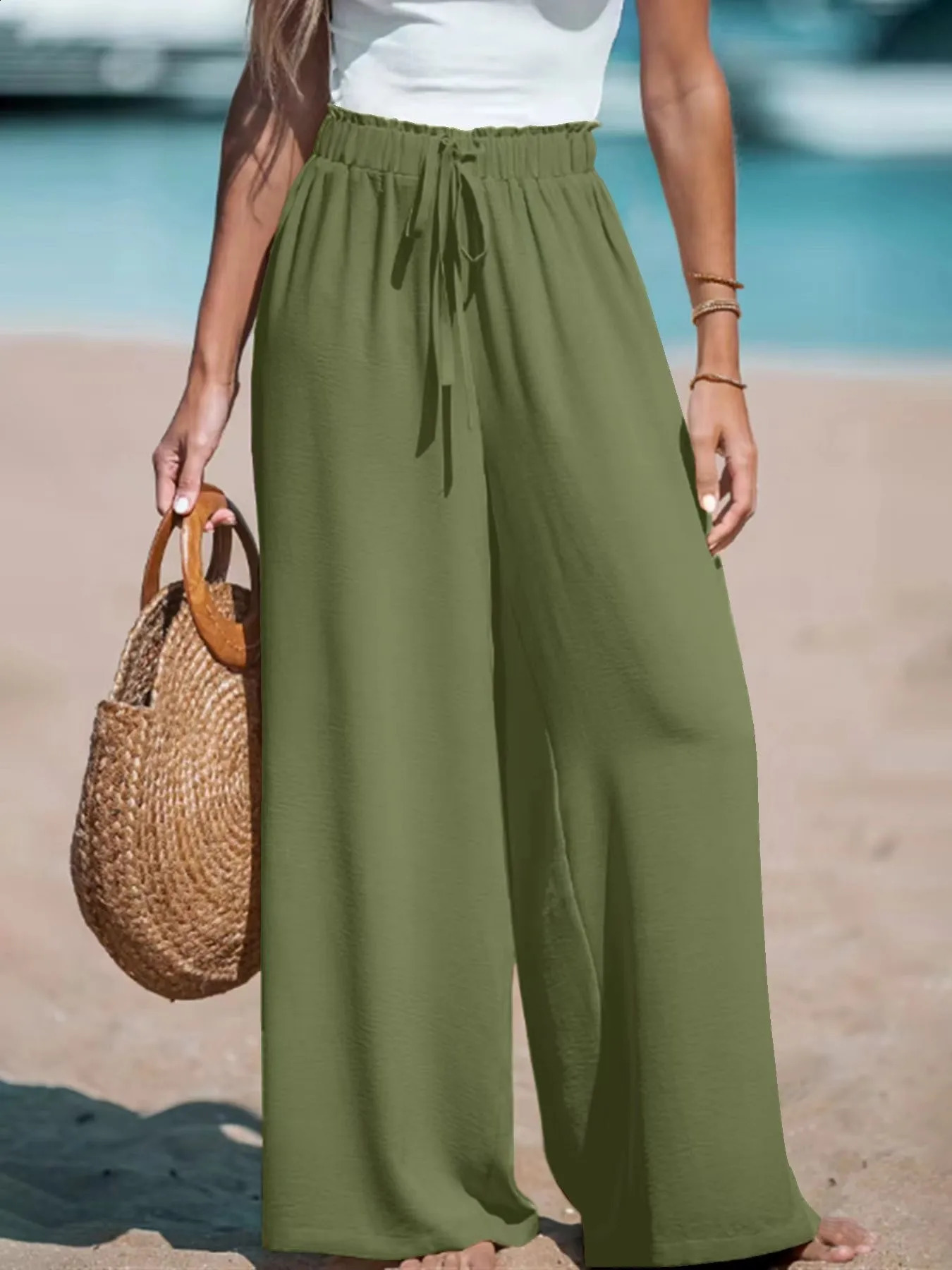 Vacation Style Cotton Linen Wide Leg Pants High Waist Elasto Drawstring n Loose Dipping Sense Straight Casual Beach y260611 - view 4