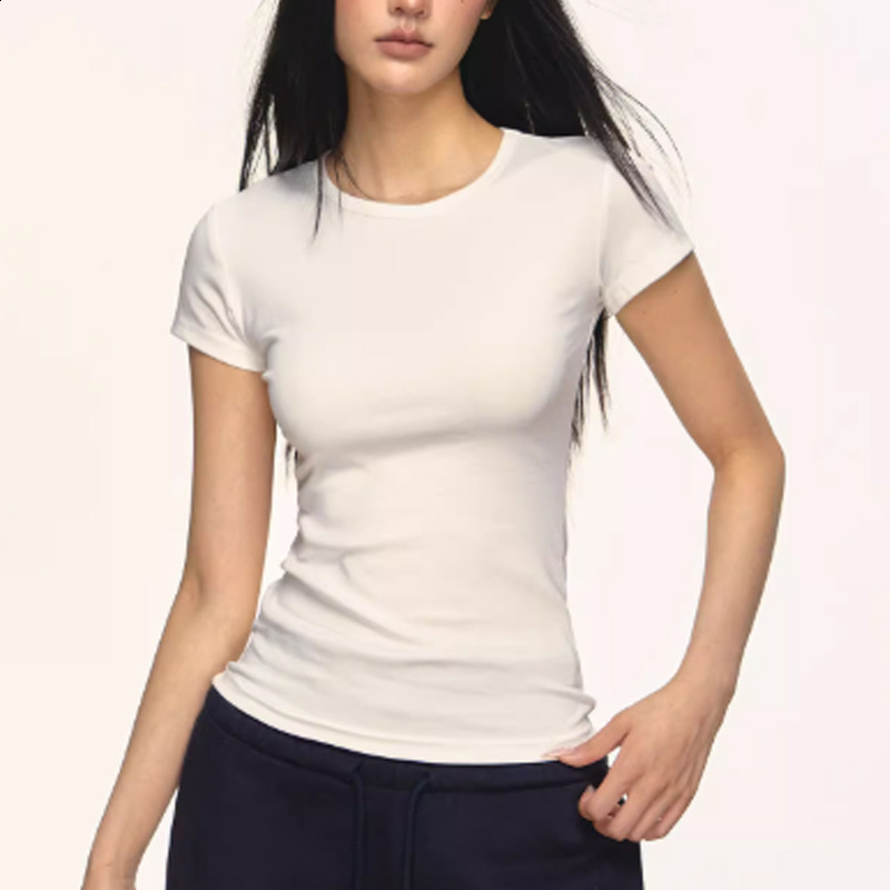Navy blue round-neck regular-shoulder short-sleeve T-shirt for women summer 2026 style simple and versatile slim-fit flattering trendy top 240812