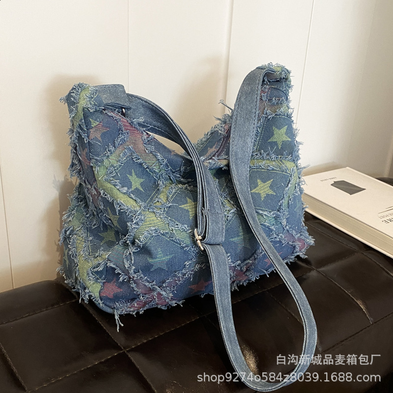 Checkered Womens Bag Jeans Eco Bag Korean Shopping Denim Shoulder Cross Bag Large Messenger Bag Y2K PU Belt Satchel 240820