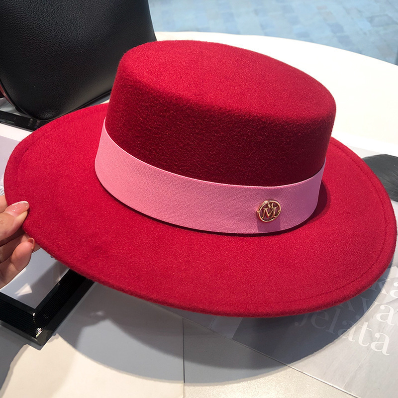 Flat-top French felt hat Autumn and winter felt hats Letter accessories womens wide-brimmed hat sombrero fedora bonnet femme 260130