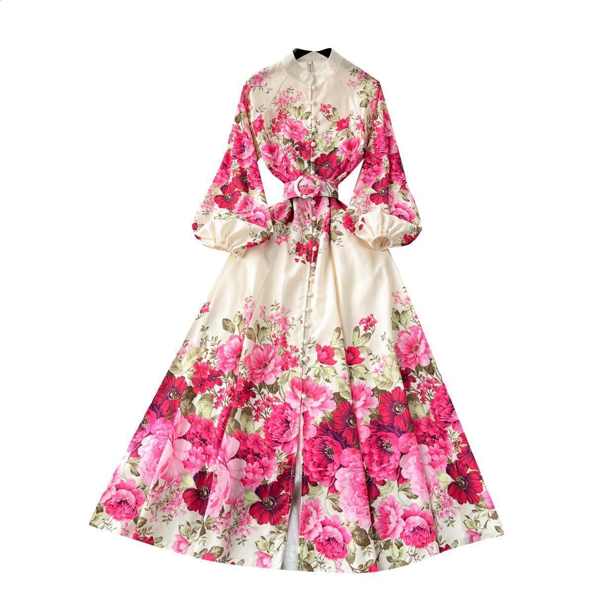 Summer Holiday Runway Mini Dress Women V-Neck Long Lantern Sleeve Flower Print Single Breasted Linen Slim Beach Vestidos 6233 240810