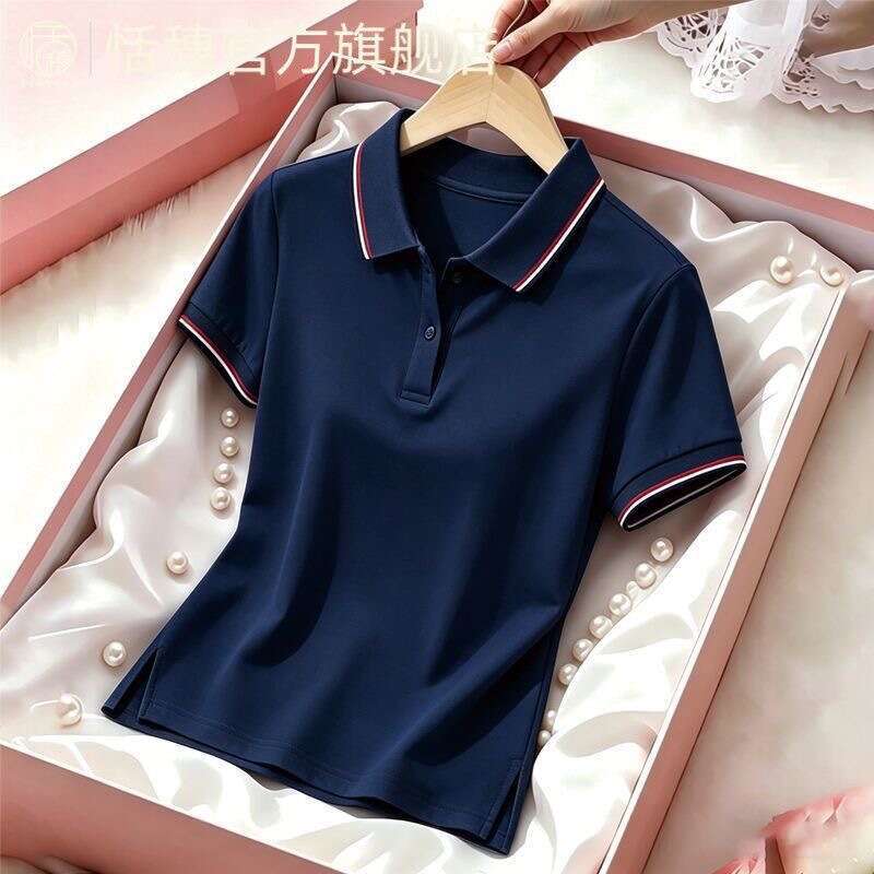 Women's Short Sleeve T-Shirt, Black 100% Cotton Loose-Fit Batwing Bell-Sleeve Top with Crew Neck, Red and White Piping, Applique Detail, Anti-Shrink C - view 4