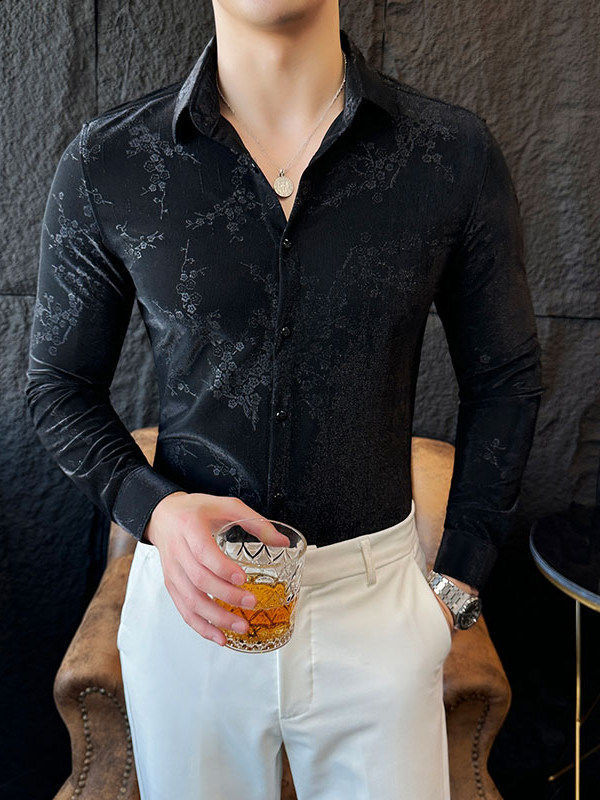 retro velvet mens autumn long sleeved slim casual shirt fashionable jacquard business social mens clothing 241028