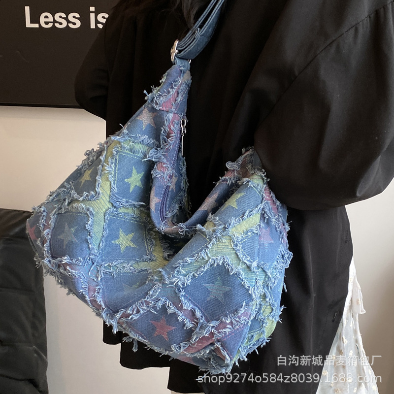 Checkered Womens Bag Jeans Eco Bag Korean Shopping Denim Shoulder Cross Bag Large Messenger Bag Y2K PU Belt Satchel 240820