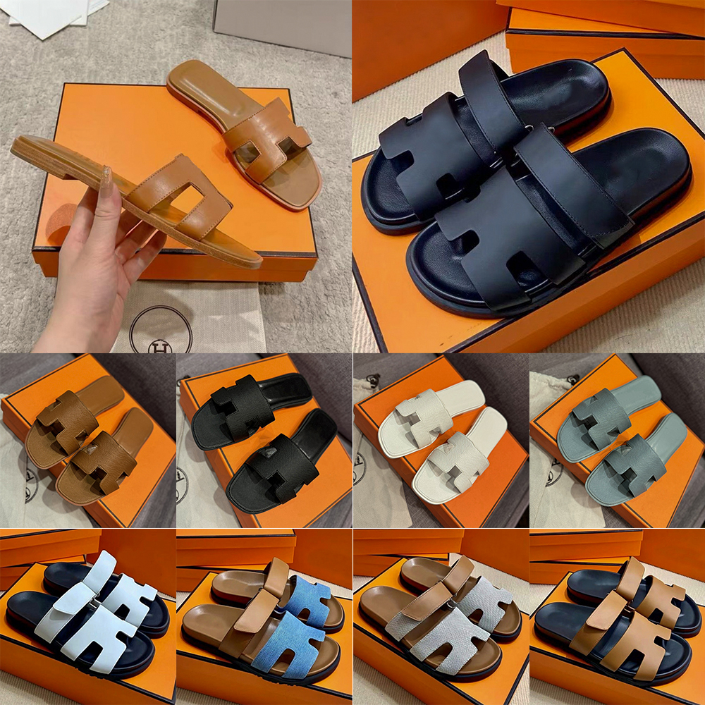 2026 New Women Fashion H Cutout Slide Slipper Flat Heel Open Toe Leather Sandals Multi Colors Casual Beach Vacation Footwear With box